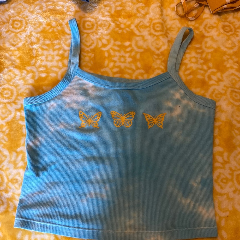 blue tie dye with yellow butterflies tank crop top